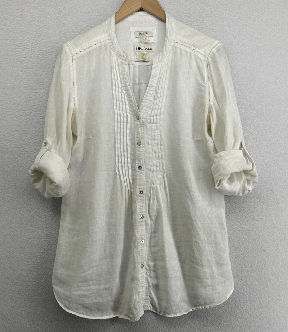 MALVIN Top 8 I Love Linen Tunic Shirt Pintuck Button Up Roll Tab Sleeve White
